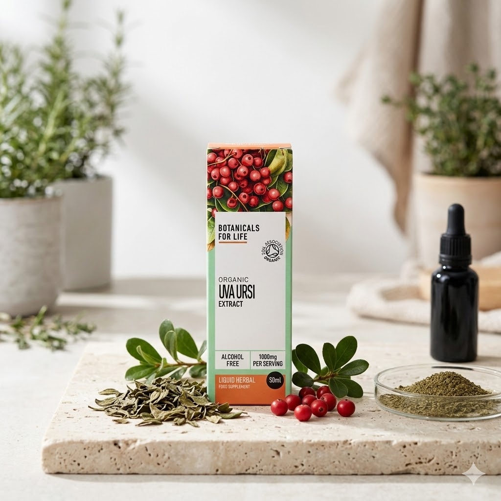 Botanicals For Life Organic Uva Ursi Extract box on a stone surface with uva ursi leaves, red berries, a dropper bottle and herbal powder in a bright natural setting